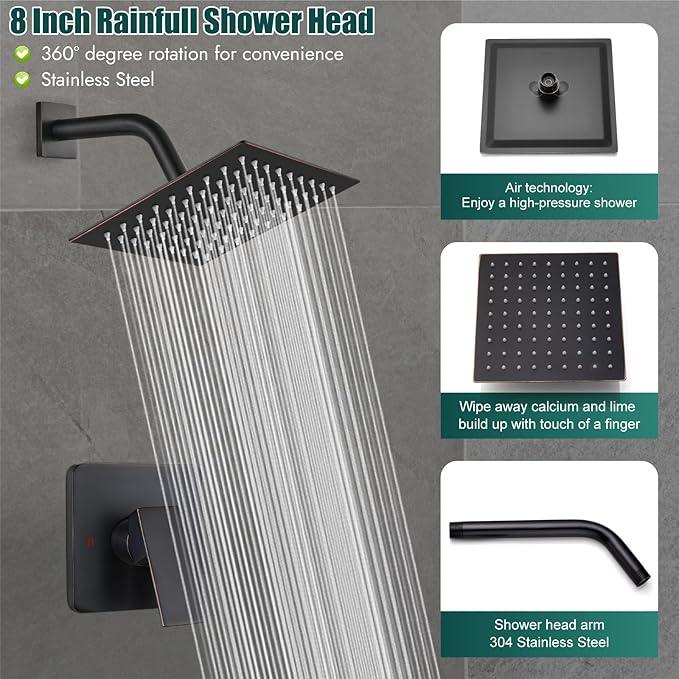 Heyalan 8 Inch Shower Head and Handle Set Square Shower Faucet Set Bathroom Rainfall Shower Faucet Set Stainless Steel Showerhead Single Function Shower Trim Kit,Male Thread Valve,Oil Rubbed Bronze - ModernBath