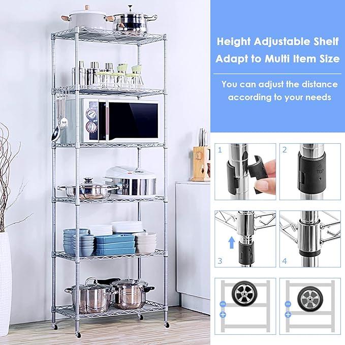 BNSPLY 5 Tier Narrow Wire Shelving Unit with Wheels, Height Adjustable Wire Shelves with NSF Certified, Mobile Metal Storage Rack for Kitchen, Laundry, Bathroom (17.7" D x 23.6" W x 71" H, Chrome) - ModernBath