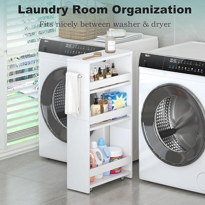 MARTY White Slim Storage Cart with Wheels, 4 Tier Rolling Utility Cart with Handle Slide Out Shelving Unit Organizer Trolley for Laundry Kitchen Bathroom Narrow Places Small Corner - ModernBath