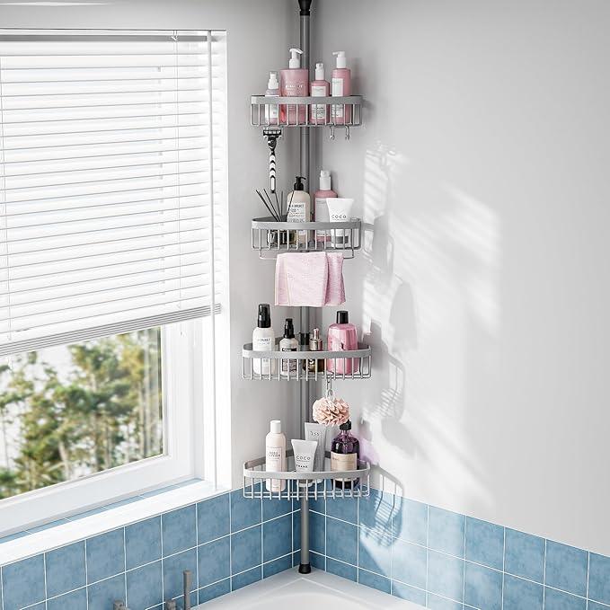 Corner Shower Caddy Tension Pole: Stainless Steel Rustproof 4-Tier Shower Organizer - 47-121 inch Adjustable Bathroom Shelves for Bathtub Shampoo Storage - Tension Rod Floor Standing Bath Rack - ModernBath