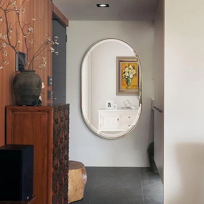 POZINO Gold Oval Mirror, Brass Beveled Mirror with Stainless Steel Frame, 28"x48" Large Rounded Rectangle Mirrors for Over Sink, Modern Oblong Vanity Wall Mirrors for Bathroom Bedroom Living Room - ModernBath