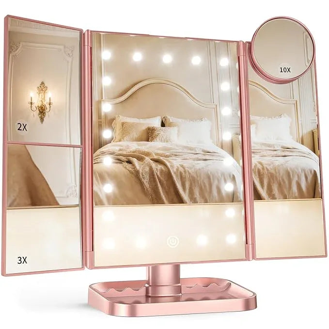 HUONUL Makeup Mirror Vanity with Lights, 2X 3X 10X Magnification, Touch Control, Trifold Mirror, Dual Power Supply, Gifts for Women, Wife, Mom, Teengirls(Rose Gold) - ModernBath
