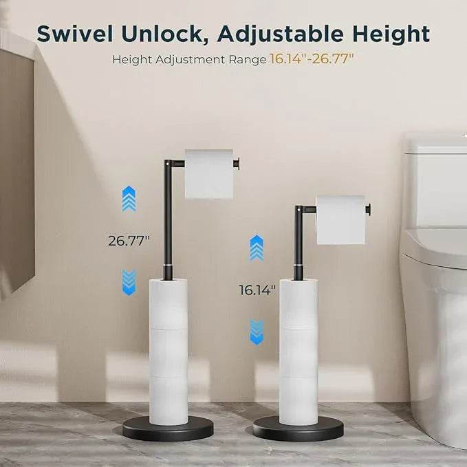 FORIOUS Toilet Paper Holder Stand Adjustable, Stainless Steel Freestanding Toilet Paper Holder with Storage, Bathroom Tissue Roll Stand Storage for 4 Rolls, Matte Black - ModernBath