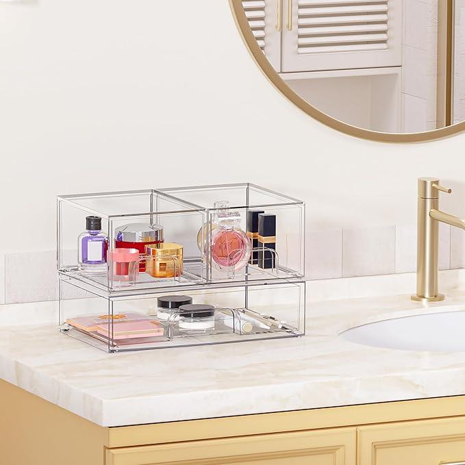 Vtopmart Stackable Storage Drawers Set of 3,Clear Plastic Organizer Bins for Makeup, Cosmetics, Beauty Supplies,Ideal for Vanity, Bathroom,Cabinet,Pantry Organization - ModernBath