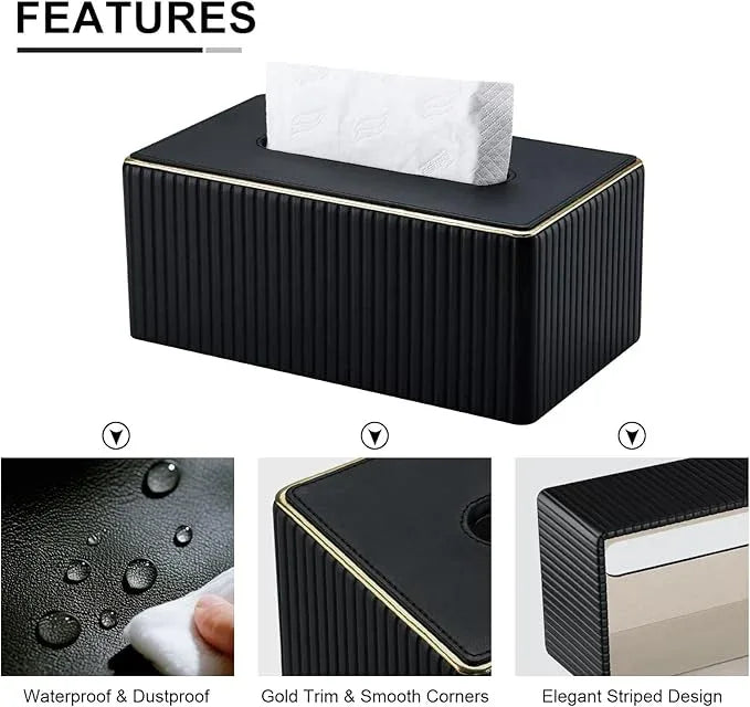 KINGFOM Rectangular Tissue Box Cover, PU Leather Tissue Box Holder with Magnetic Bottom, Napkin & Facial Tissue Holder Dispenser Decorative Box Cover for 120-count (3-Ply) 160-count (2-Ply) Black - ModernBath