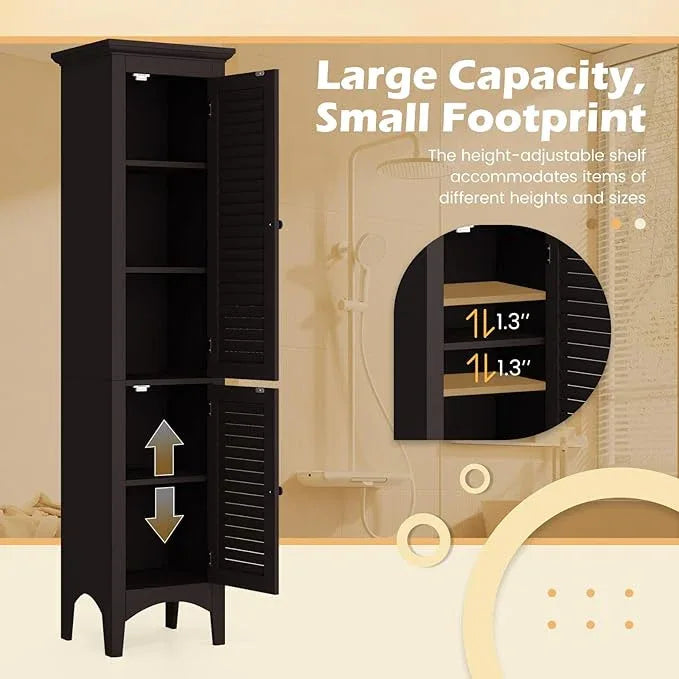 Tangkula 63" Tall Bathroom Storage Cabinet, Freestanding Narrow Linen Tower with Adjustable Shelf, Modern Slim Floor Cabinet with 2 Doors for Bathroom, Living Room, Kitchen (Brown) - ModernBath