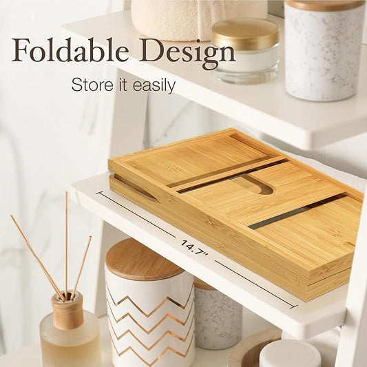 Wooden Bathtub Tray - Foldable Expandable Bamboo Bath Tray for Tub with Wine Holder, Book & Tablet Stand - Bath Caddy for Bathtub, Spa Bath Accessories for Women, Tub Tray Table, Gift for Her or Him - ModernBath
