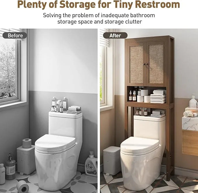 knoworld Rattan Over The Toilet Storage Cabinet, Above Toilet Bathroom Organizer with Adjustable Shelf, Behind Toilet Cabinet, Space Saver for Restroom, Bathroom, Laundry, Caramel Oak - ModernBath