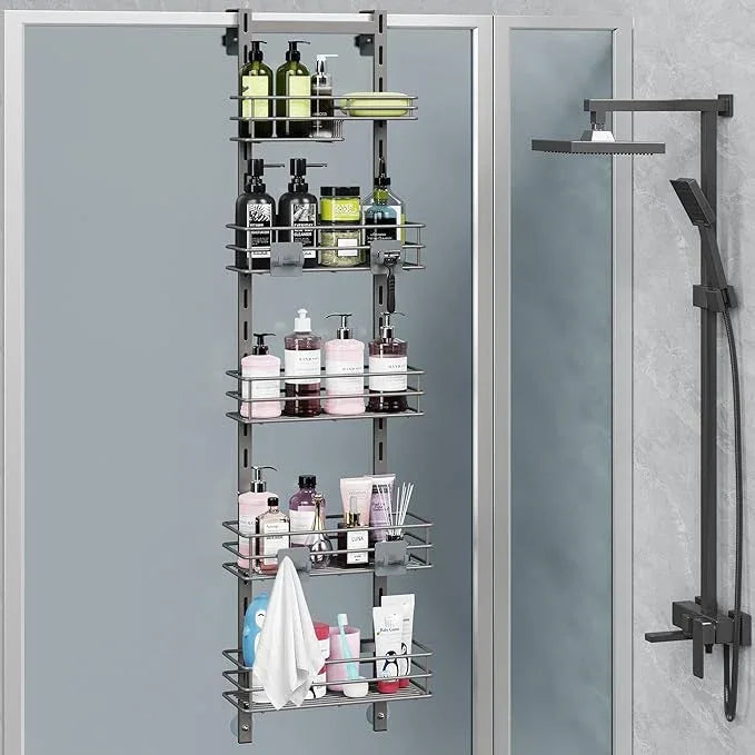 Orimade Over The Door Shower Caddy Adjustable 5 Tier Dark Grey,Bathroom Hanging Organizer Shelf Rustproof with 4 Hooks,Shower Basket with Soap Holder and Suction Cup - ModernBath