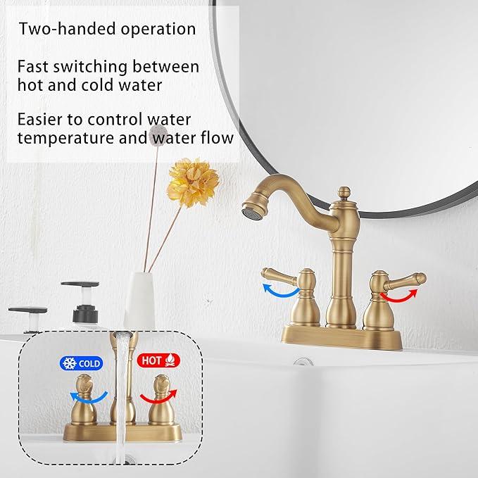 GGStudy Antique Brass Bathroom Faucet 2 Handles 4 Inches Centerset RV Bathroom Vanity Faucet with Drain Assembly and Supply Hose Lavatory Faucet - ModernBath