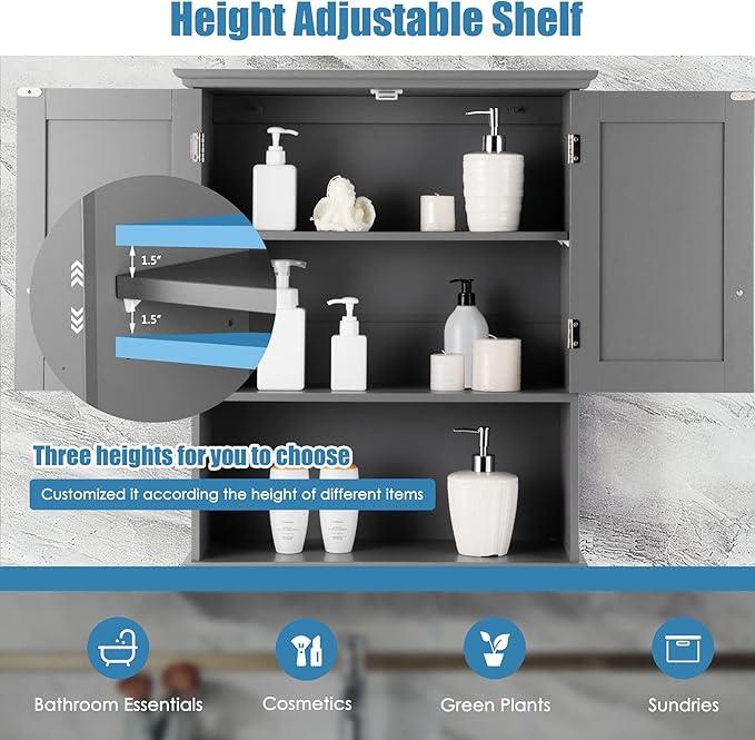Tangkula Wall Mount Bathroom Cabinet Wooden Medicine Cabinet Storage Organizer with 2-Doors and 1-Shelf Cottage Collection Wall Cabinet (Grey) - ModernBath