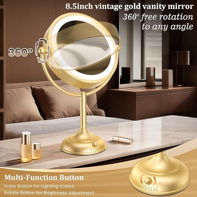 VESAUR 8.5'' Large Gold Lighted Makeup Mirror, 1X/10X Clear Seamless Magnifying Mirror, Bright Vanity Mirror with 3 Colors Dimmable Lights, Two-Sided 360°Rotation Stable Base, Luxury Nickel, Gift Box - ModernBath