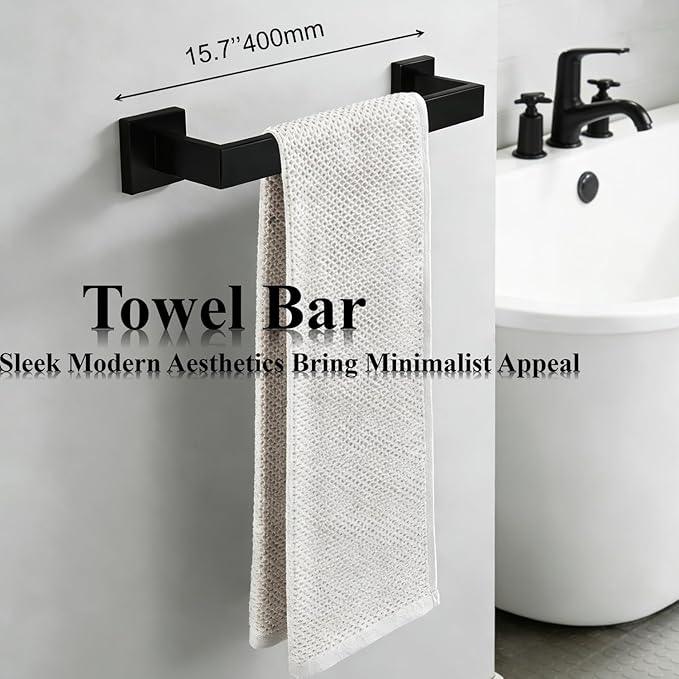 Bathroom Hardware Set 4 Piece Matte Black Bathroom Accessories Set SUS304 Towel Bar Set Includes Towel Bar 16 Inch+Towel Holder+Toilet Paper Holder+Towel Hook (4, Matte Black) - ModernBath