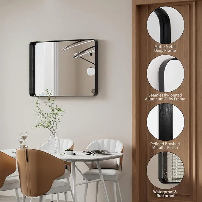 Koonmi Black Bathroom Mirror for Wall, 22x30 Inch Matte Metal Deep Framed Rounded Corner Wall Mirror, Shatterproof Tempered Glass for Farmhouse Bedroom Entryway, Vertically or Horizontally - ModernBath