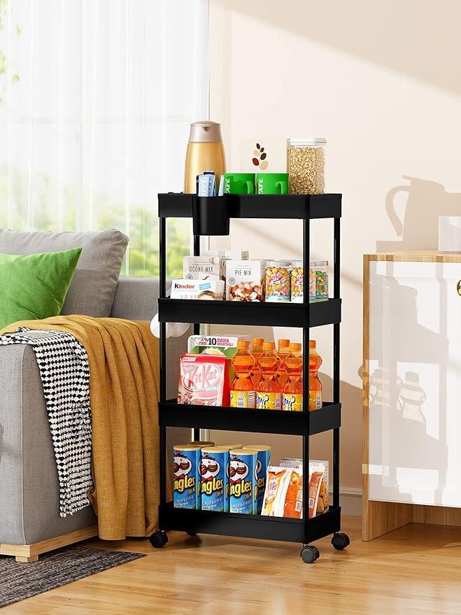 LEHOM Slim Rolling Storage Cart - 4 Tiers Bathroom Organizer Utility Cart Slide Out Storage Shelves Mobile Shelving Unit for Kitchen, Bedroom, Office, Laundry Room, Small Narrow Spaces（7.1" W+Black） - ModernBath