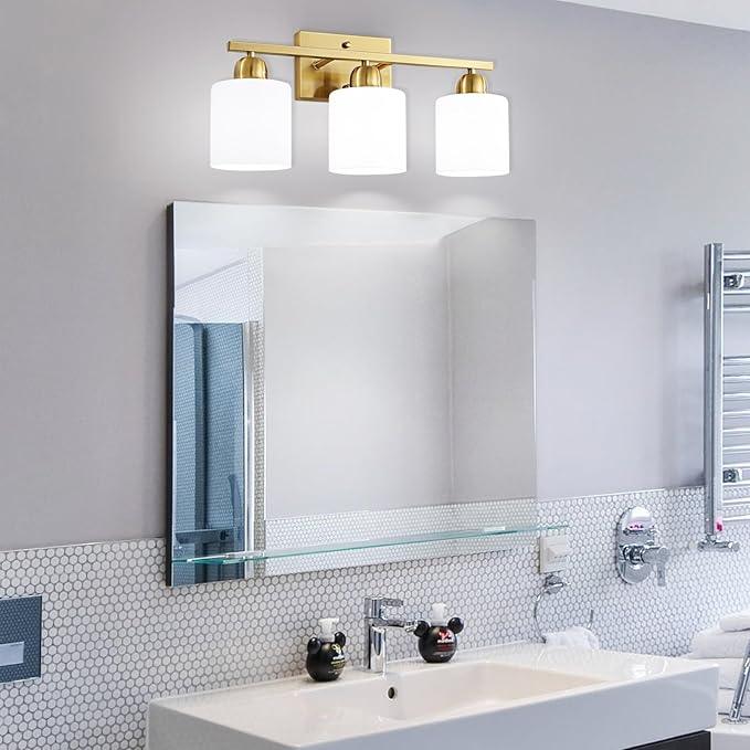 3 Light Gold Bathroom Light Fixtures, Modern Bathroom Vanity Lights with Milky White Frosted Glass Shades, Gold Vanity Mirror with Lights for Mirror Living Room E26 Base - ModernBath