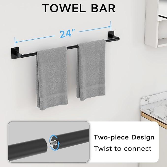 20 Pieces Bathroom Hardware Set, Black Bathroom Accessories Set, 24 inch Towel Bar, Towel Racks for Bathroom, Robe Towel Hooks, Toilet Paper Holder Wall Mounted - ModernBath