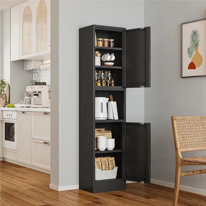 Metal Bathroom Storage Cabinet, 67" Tall Narrow Freestanding Floor Cabinet with Adjustable Shelves and Open Compartment, Slim Metal Locker for Laundry, Kitchen, Dining Room - ModernBath