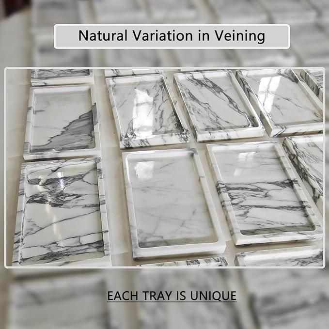 OAIQNUJ Natural White Marble Vanity Tray, 9.8"x5.9" Genuine Marble Stone Tray for Bathroom/Kitchen/Dresser (Arabescato) - ModernBath