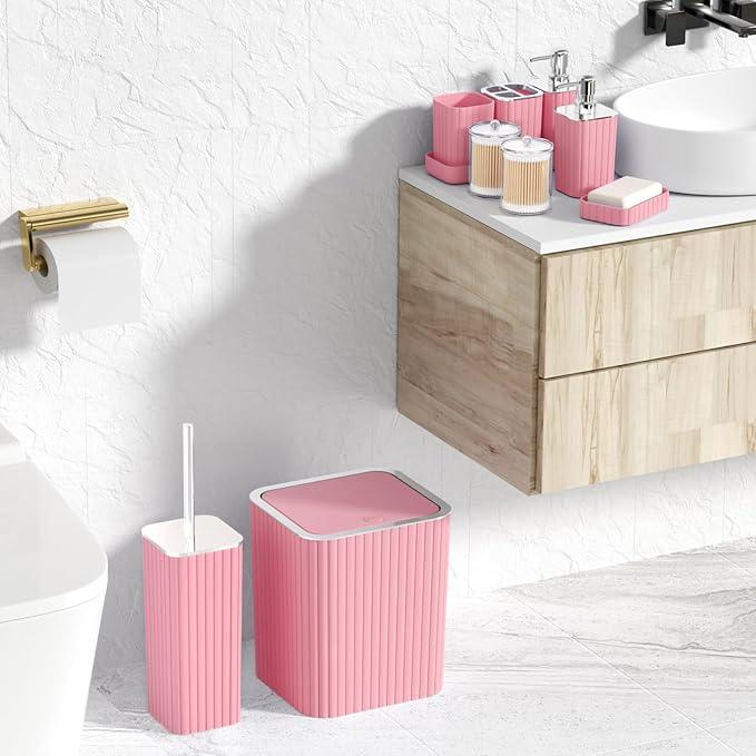 XLHOMO Pink Bathroom Accessories Set - Gorgeous Bathroom Set, 10PC Bathroom Accessory Set, Toilet Brush, Trash Can, Qtip Holder Dispenser & Soap Dispenser - ModernBath