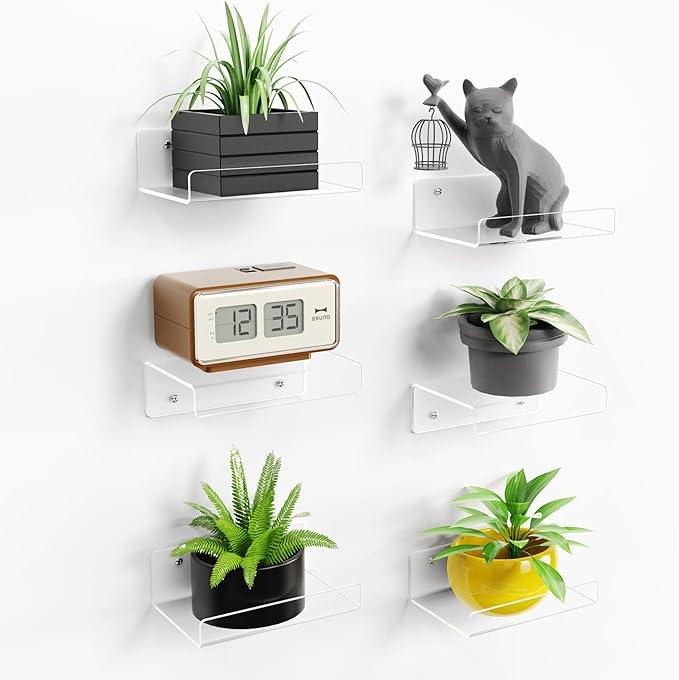 upsimples 6 Pack 6'' x 4'' Acrylic Small Shelves, Floating Shelves for Wall, Display Shelf Organizer for Plants, Speaker, Radio, Toys, Clear - ModernBath