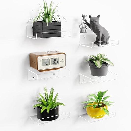 upsimples 6 Pack 6'' x 4'' Acrylic Small Shelves, Floating Shelves for Wall, Display Shelf Organizer for Plants, Speaker, Radio, Toys, Clear - ModernBath