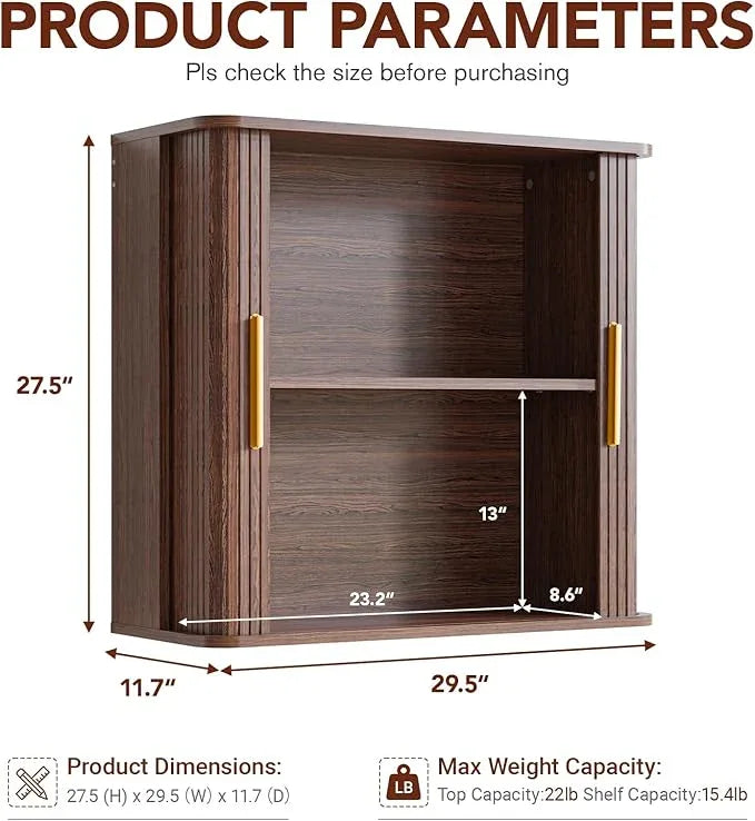 Laundry Wall Cabinet with Fluted Sliding Door, 29.5" W Bathroom Medicine Cabinet with Adjustable Shelf, Wall Mounted Storage Cabinet for Living Room Kitchen, 11.7" D x 29.5" W x 27.68" H - ModernBath