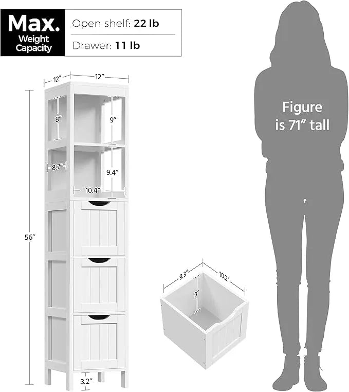 Yaheetech Bathroom Tall Cabinet, Slim Storage Cabinet, Narrow Freestanding Floor Cabinet with 3 Drawers & 2 Shelves, Linen Tower for Small Space, 12" D x 12" W x 56" H, White - ModernBath