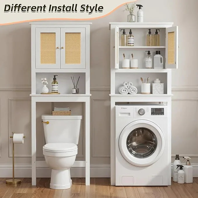Over The Toilet Storage Cabinet, Behind Toilet Bathroom Organizer with Adjustable Shelves, Above Toilet Organizers with Rattan Door, Space Saver for Restroom, Bathroom, Laundry - ModernBath