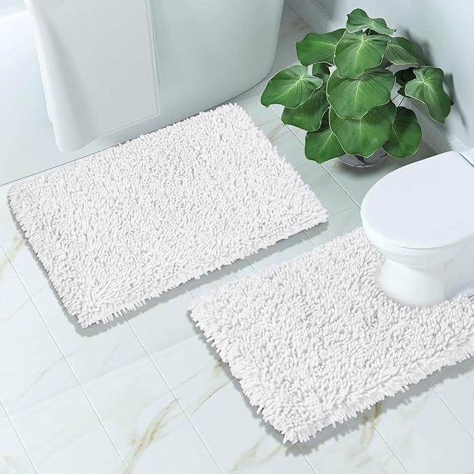 Yimobra Bathroom Rugs Sets 2 Piece, Soft Absorbent Bath Mat and U-Shaped Toilet Rug with Non Slip Backing, Luxury Shaggy Bath Mats for Bathroom, Machine Washable, 24"x17"+24"x20", White - ModernBath