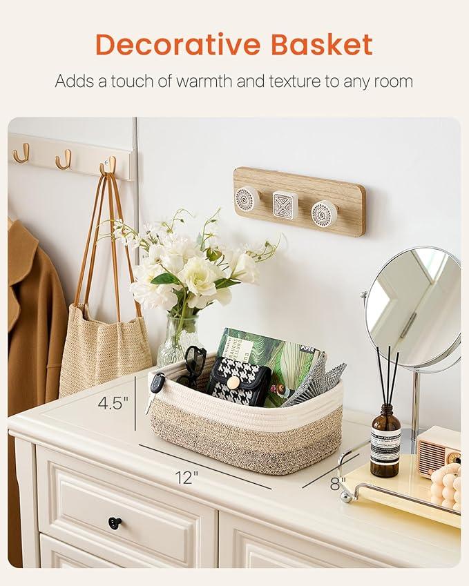 Small Woven Basket, 12 x 8 x 4.5 Inches, Storage Basket for Organizing, Cute Small Rope Shelf Closet Cube Storage Bins Baskets for Shelves, Dog Toy Gift Baskets Empty, 3 Pack Gradient Brown - ModernBath