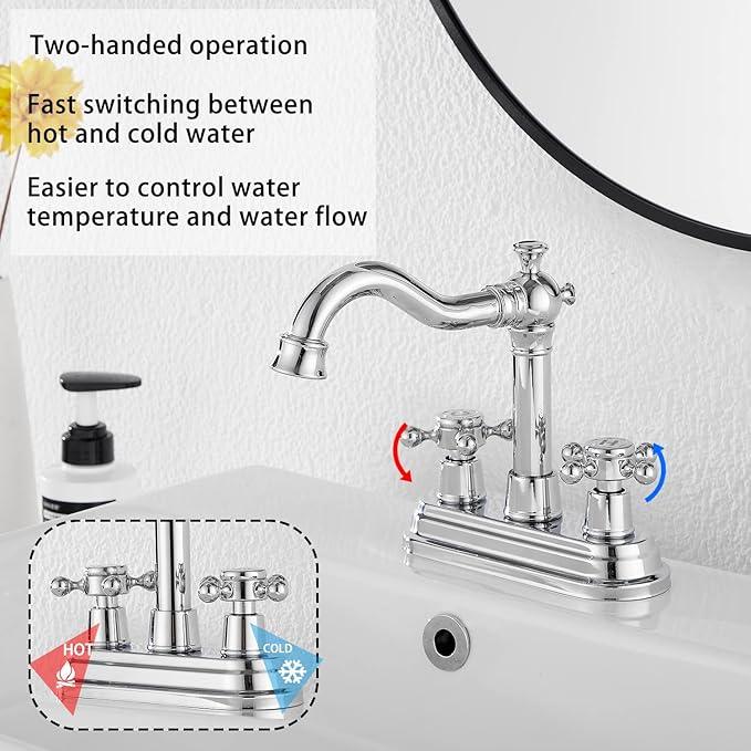 Chrome Bathroom Faucet GGStudy 2 Handles 4 Inches Centerset Bathroom Vanity with Drain Assembly and Supply Hose Lavatory Faucet Mixer Double Handle Tap - ModernBath