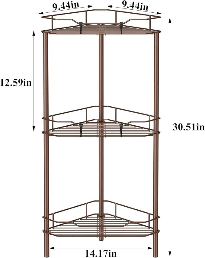 3 Tier Floor Standing Corner Shower Caddy Organizer Shelf with Hooks, Bathroom Shelves Stand Rack, Coffee - ModernBath