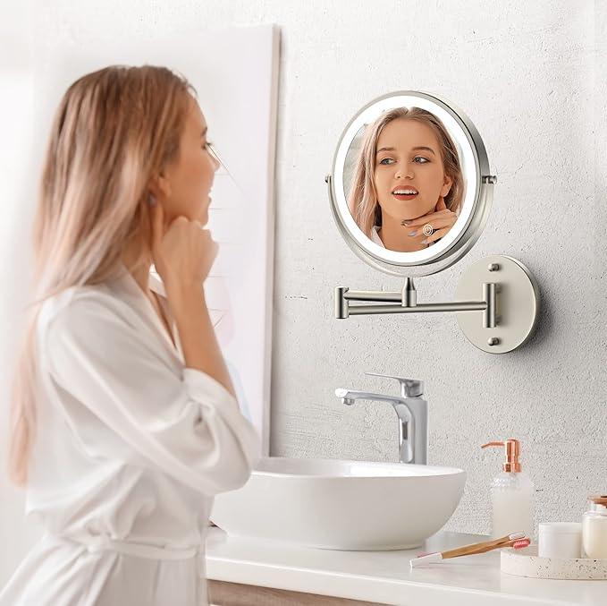 Rocollos 9" Wall Mounted Lighted Makeup Mirror, Large Double Sided 1X/10X Magnifying Mirror, 3 Color LED Vanity Mirror, Touch Dimmable 360° Swivel Light Up for Bathroom - ModernBath