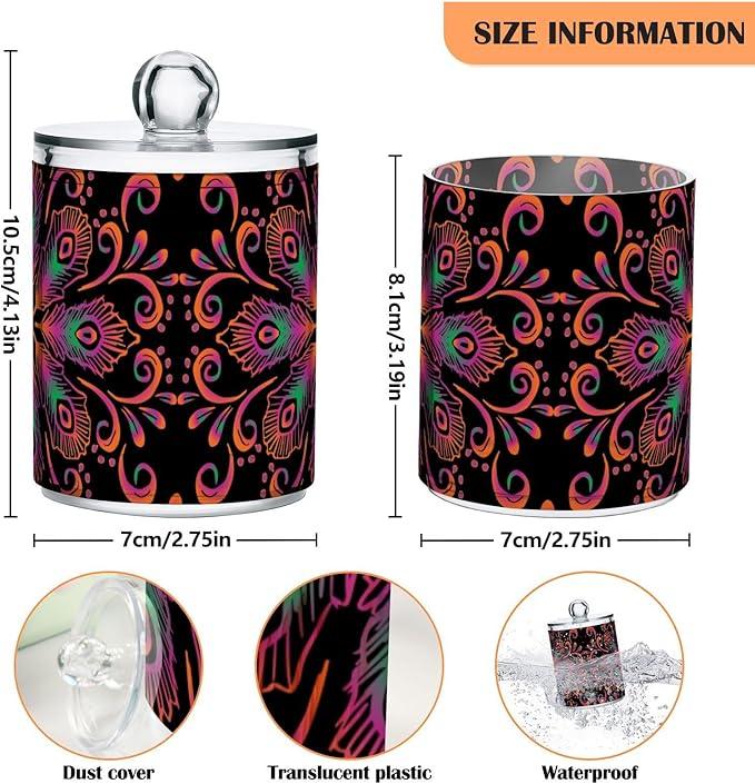 Tatenale Qtip Holder Bathroom Set Q tip Cotton Ball Swab Pad Dispenser Container Organizer Plastic Jars with Lids Storage 2Pack Ethnic Feathers Mandala Black - ModernBath