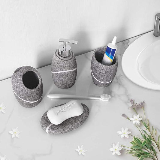 Bathroom Accessory Set,4 Pieces Bathroom Decor Accessories Complete Set Vanity Countertop Accessory Set,Includes Bathroom Soap Dispenser Set,Toothbrush Holder Set,Tumbler,Soap Dish,Grey Granite - ModernBath