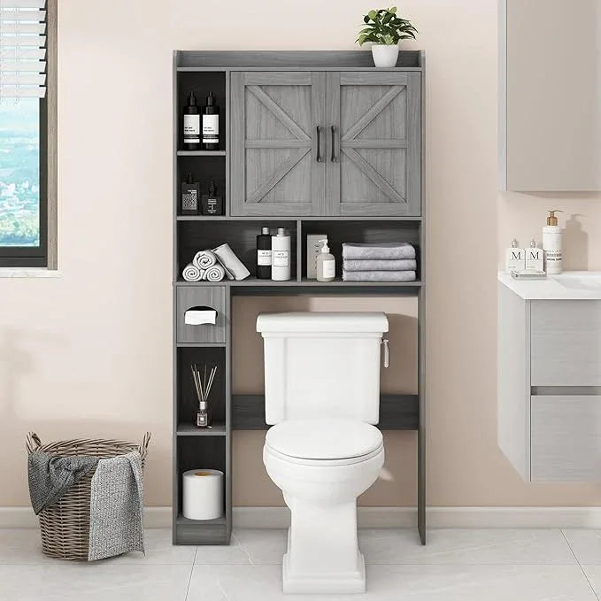 Vabches Over The Toilet Storage Cabinet, Farmhouse Style with 2 Barn Doors, Toilet Paper Holder, Space-Saving for Bathroom & Laundry, Gray - ModernBath