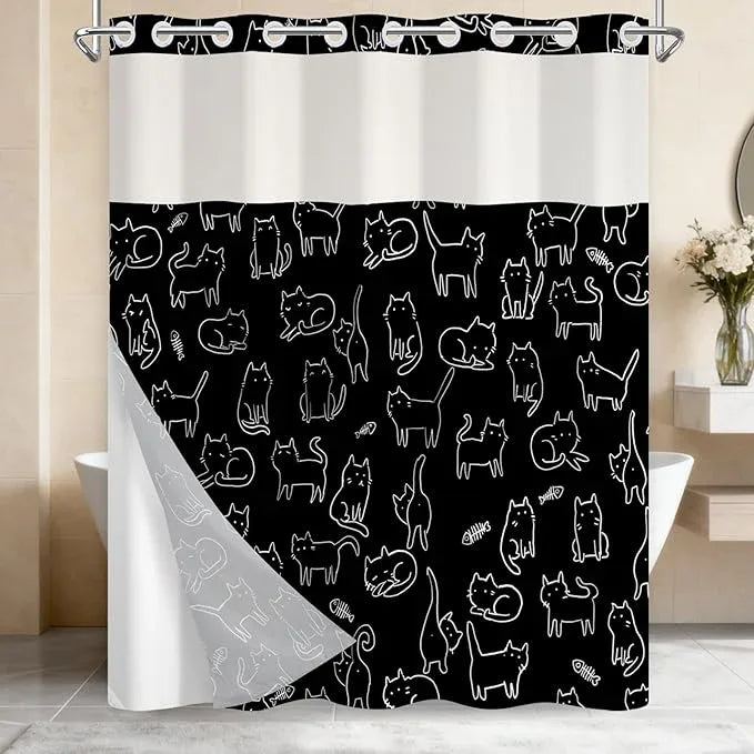 Cute Shower Curtain with Snap in Liner, No Hook Cat Shower Curtain with Top Sheer Window and Weighted Hem, Black and White Funny Shower Curtains for Bathroom, Gift for Cat Lovers, 71x74 Inches - ModernBath