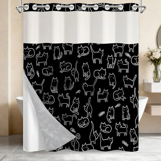 Cute Shower Curtain with Snap in Liner, No Hook Cat Shower Curtain with Top Sheer Window and Weighted Hem, Black and White Funny Shower Curtains for Bathroom, Gift for Cat Lovers, 71x74 Inches - ModernBath