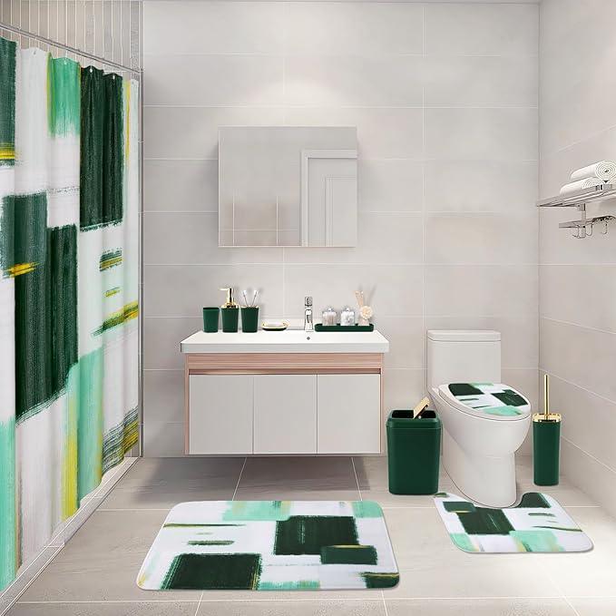 XLHOMO Bathroom Set - Dark Green and Gold Bathroom Accessories Set, Bathroom Sets with Shower Curtain and Rugs, Green Shower Curtain Set with Bathroom Trash Can, Soap Dispenser, Soap Dish for Home - ModernBath