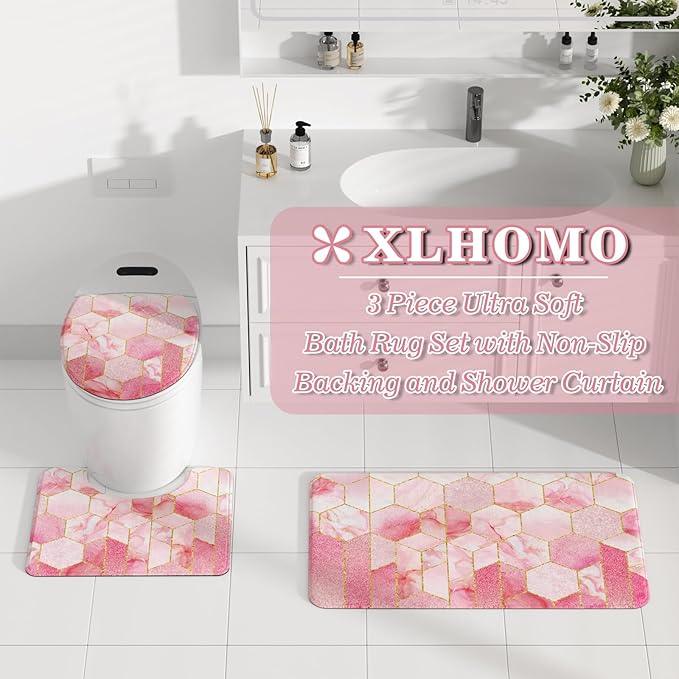 XLHOMO Bathroom Sets with Shower Curtain and Rugs - 4PC Pink Geometric Shower Curtain Set with 12 Hooks, Toilet Cover, U-Shaped Mat and Rugs Modern Abstract Bathroom Accessories for Bathroom - ModernBath