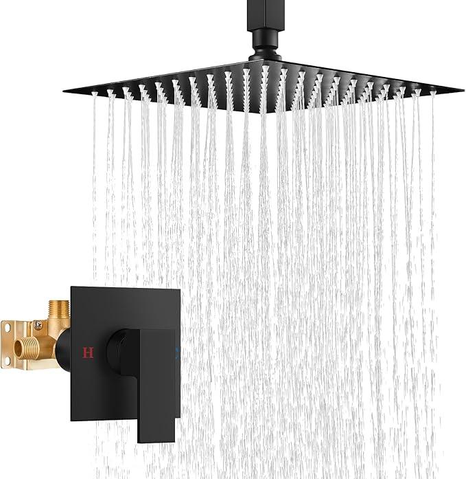Airuida Shower Faucet Set and Handle Set Single Function Shower Trim Kit Ceiling Mount Rainfall Shower System with Male Threads and Rough-in Valve 10 Inch Square Shower Head Matte Black - ModernBath