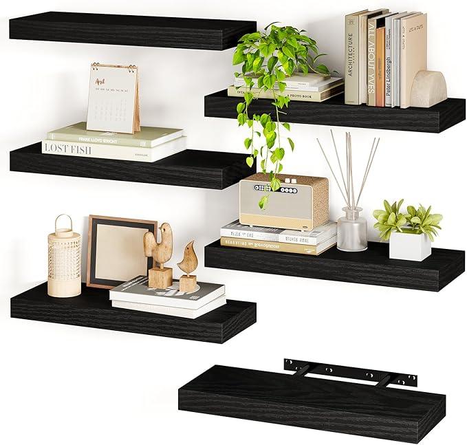 Fixwal 15.8in Black Floating Shelves, Set of 6 Wood Shelves, Farmhouse Shelf Wall Decor for Bathroom, Bedroom, Living and Kitchen Room - ModernBath