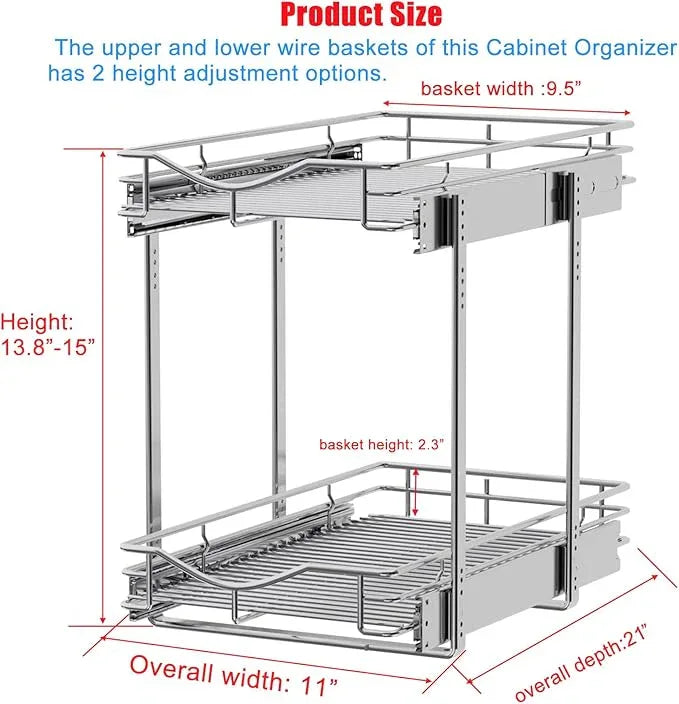 DINDON 2 Tier Pull Out Cabinet Organizer (11"W X 21"D), Double Tier Wire Basket Slide Out Shelf Storage for Kitchen Base Cabinet Organization for Kitchen, Pantry, Bathroom, Chrome - ModernBath