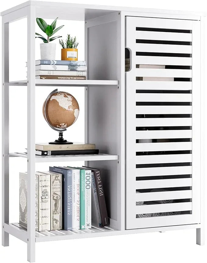 HITNET Bathroom Cabinet Freestanding, Bamboo Floor Cabinet, Side Storage Organizer with Door and 3 Shelves, Living Room Kitchen Cupboard, White - ModernBath
