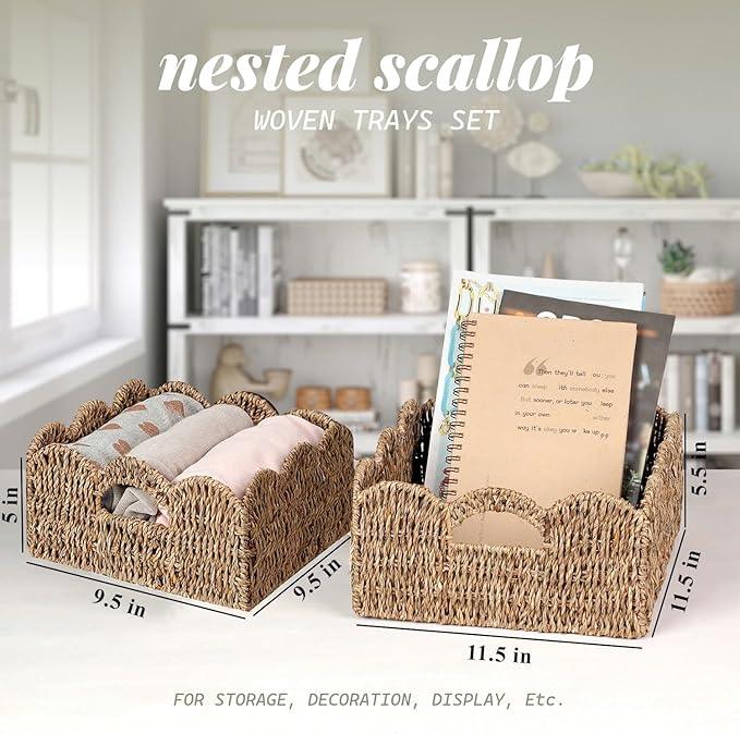 Scalloped Baskets (Natural-Set of 2) Seagrass Basket For Decor, Basket Living Room Organizer, Bathroom, Bedroom, Laundry,... Seagrass Storage Baskets with Built-in Handles. - ModernBath