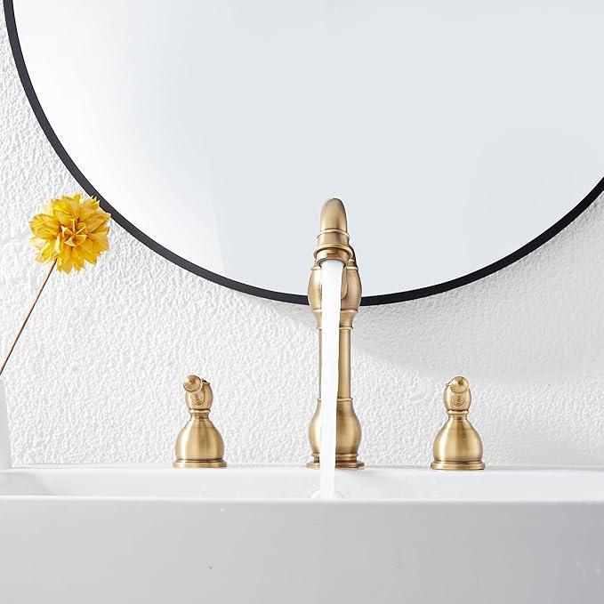 GGStudy 2 Handles 3 Holes Faucet Widespread Bathroom Sink Faucet Basin Tap Mixer Supply Hose Included Matching Pop Up Drain Antique Brass - ModernBath