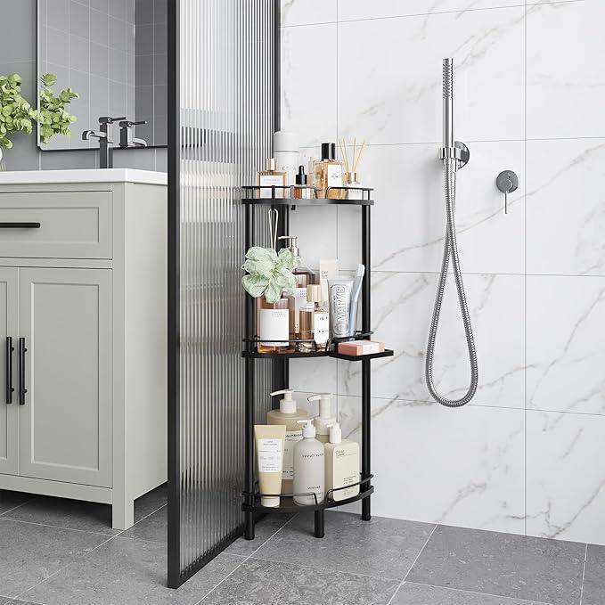 ELYKEN Corner Shower Caddy Standing, 3 Tier Rustproof Metal Shower Organizer with Soap Holder, Floor Shower Corner Shelf Rack Storage Stands with Adjustable Feet & 2 Hooks for Bathroom, Black - ModernBath
