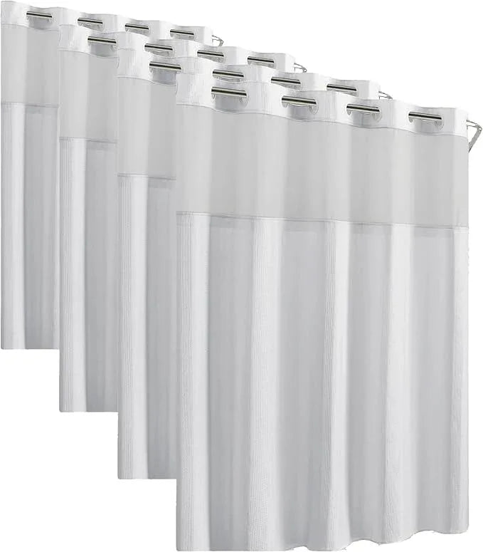 Hookless Waffle Stripe Shower Curtain Bright White 2-in-1 | Sheer Window Design | 71" x 74" | Flex-On Rings | Pack of 4 - ModernBath