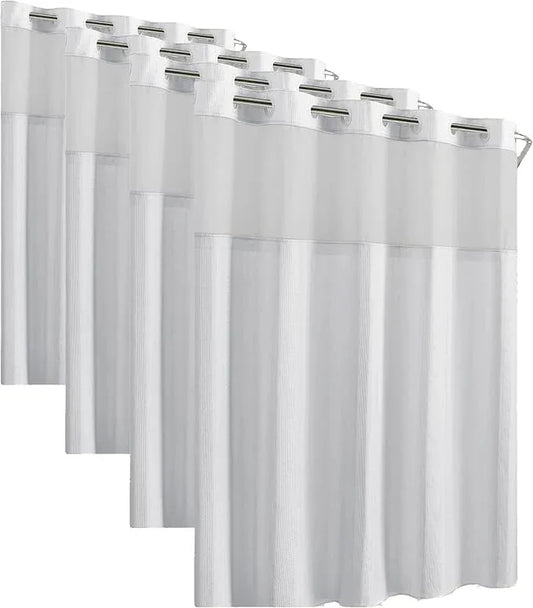 Hookless Waffle Stripe Shower Curtain Bright White 2-in-1 | Sheer Window Design | 71" x 74" | Flex-On Rings | Pack of 4 - ModernBath
